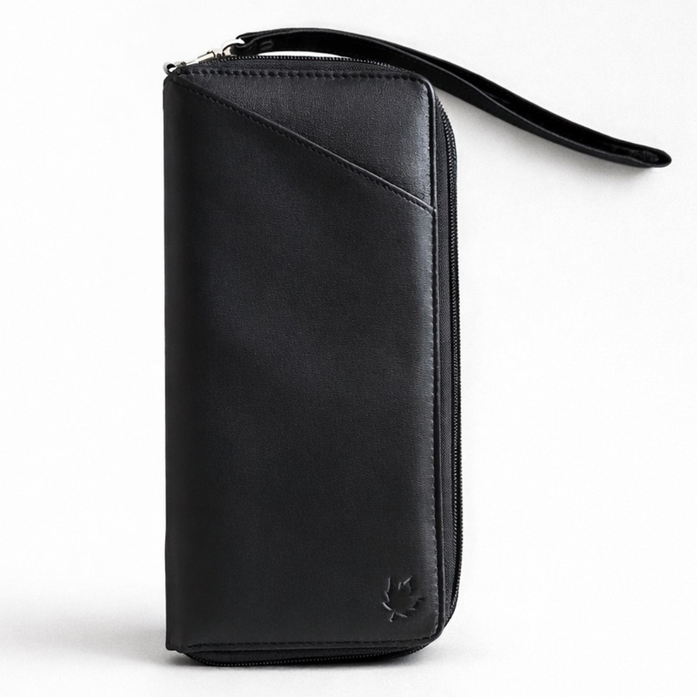 Genuine Leather Black Zip Around Wristlet Wallet